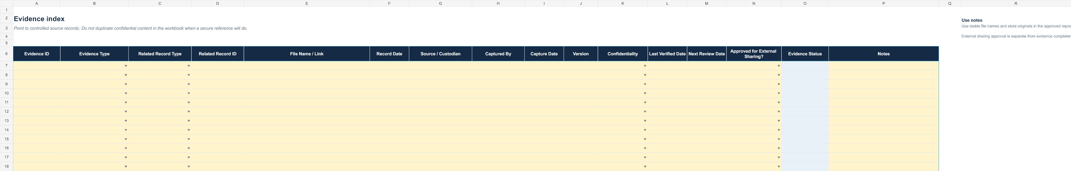MoCRA Marketplace Evidence Pack evidence index workbook sheet