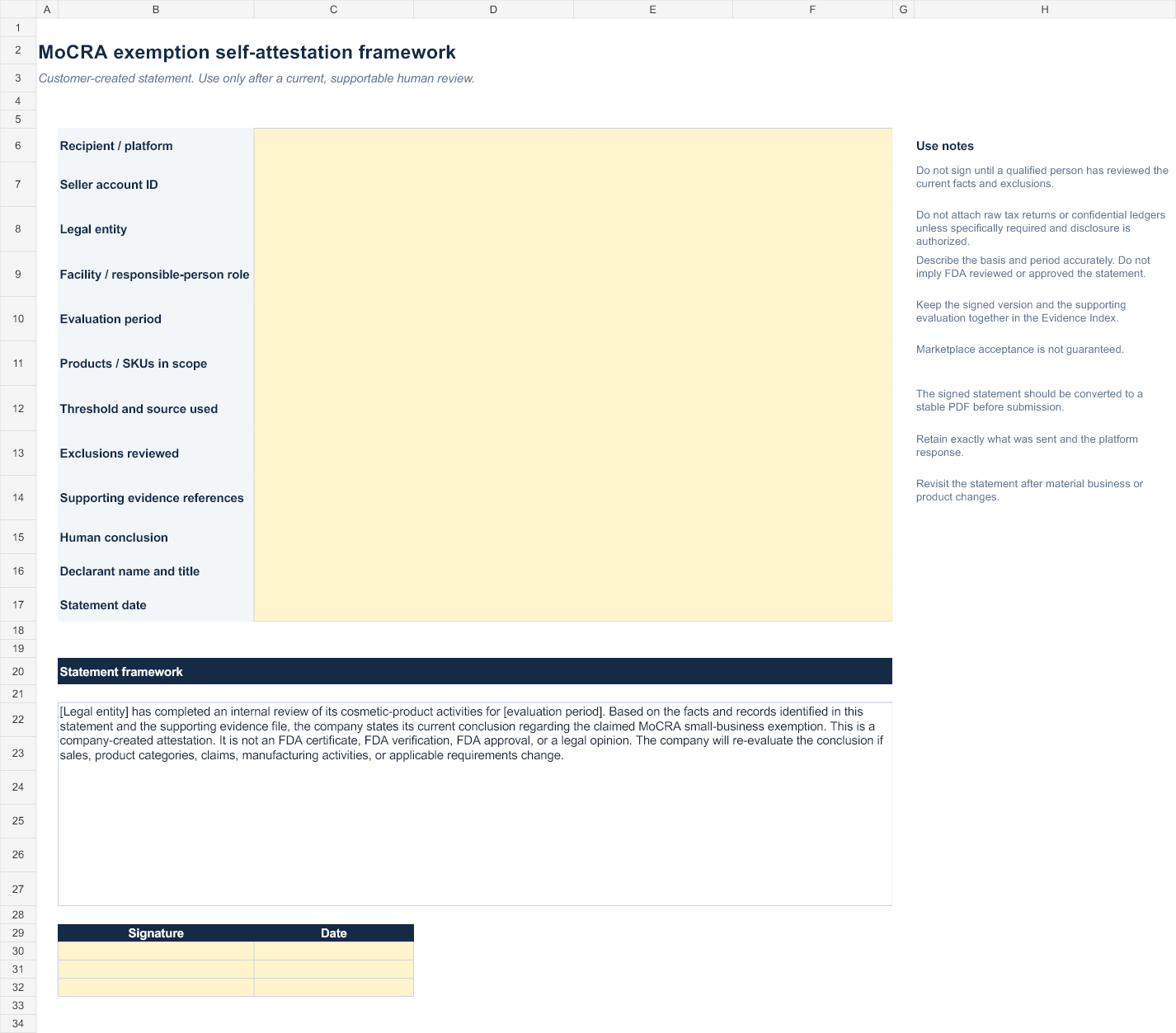 MoCRA Marketplace Evidence Pack exemption statement framework workbook sheet
