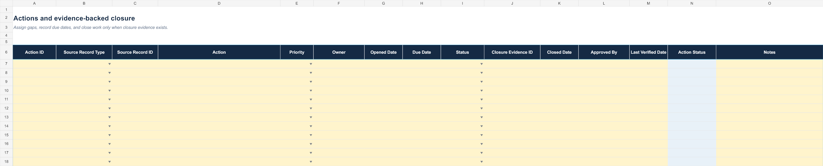 MoCRA Compliance Evidence and Renewal Control System actions workbook sheet
