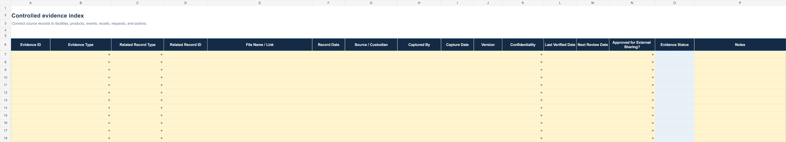 MoCRA Compliance Evidence and Renewal Control System evidence index workbook sheet