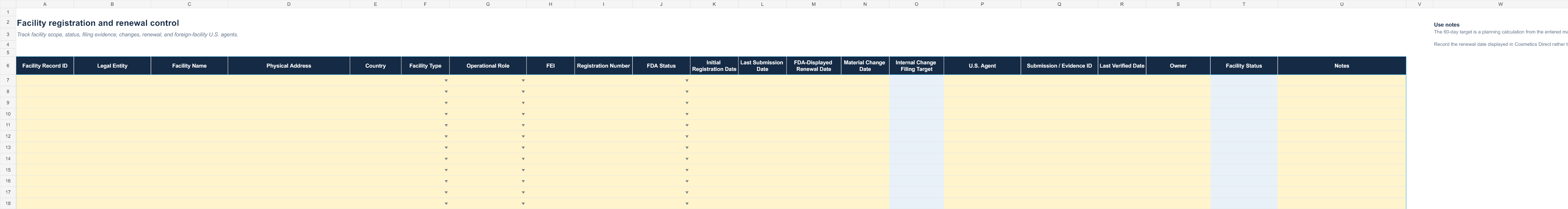 MoCRA Compliance Evidence and Renewal Control System facility register workbook sheet