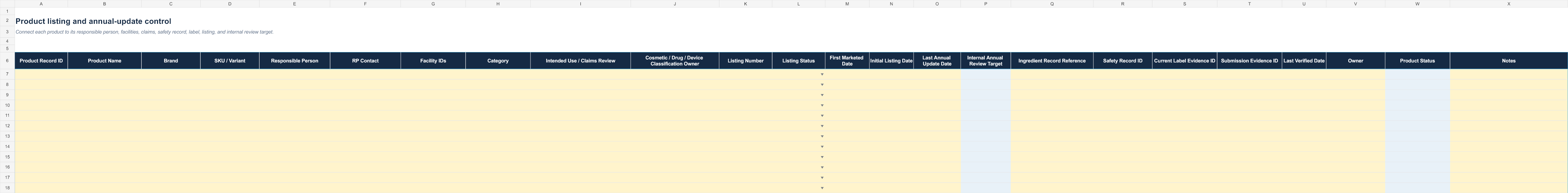 MoCRA Compliance Evidence and Renewal Control System product register workbook sheet