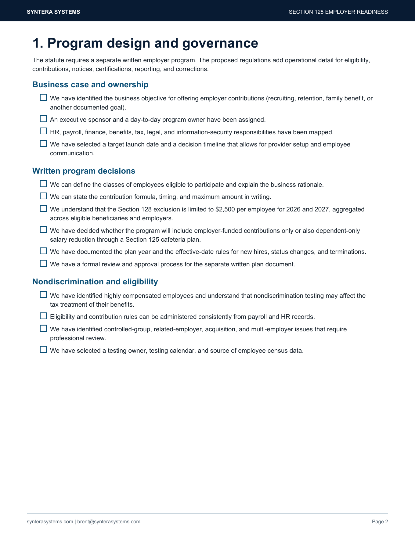 Page from the free Section 128 employer-readiness checklist; not a paid-kit screenshot